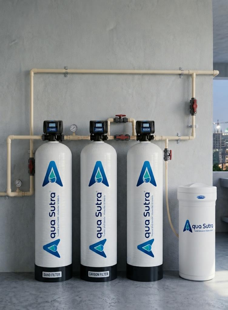 AquaSutra three-vessel whole-house water treatment plant with sand filter, carbon filter, water softener and brine tank