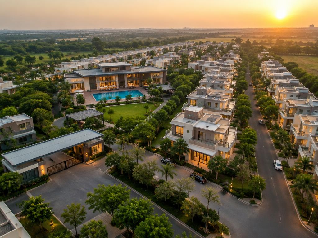 Aerial view of a gated villa community