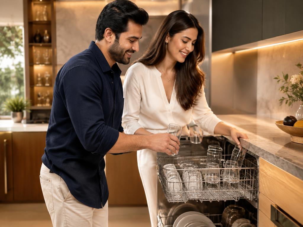 Couple unloading sparkling glasses from a dishwasher