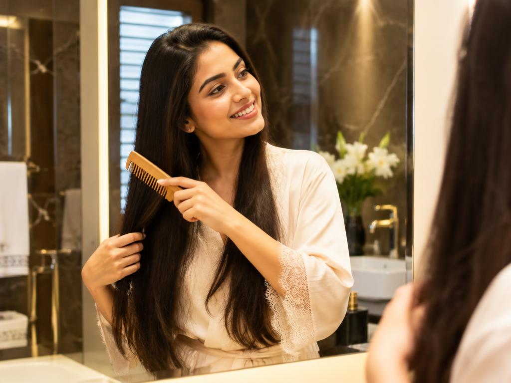 Smiling woman combing her long hair in a luxury bathroom