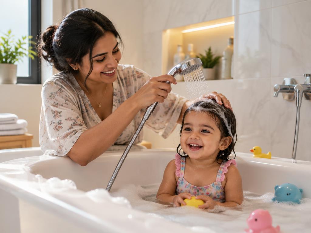 Mother bathing her smiling toddler in a premium bathroom