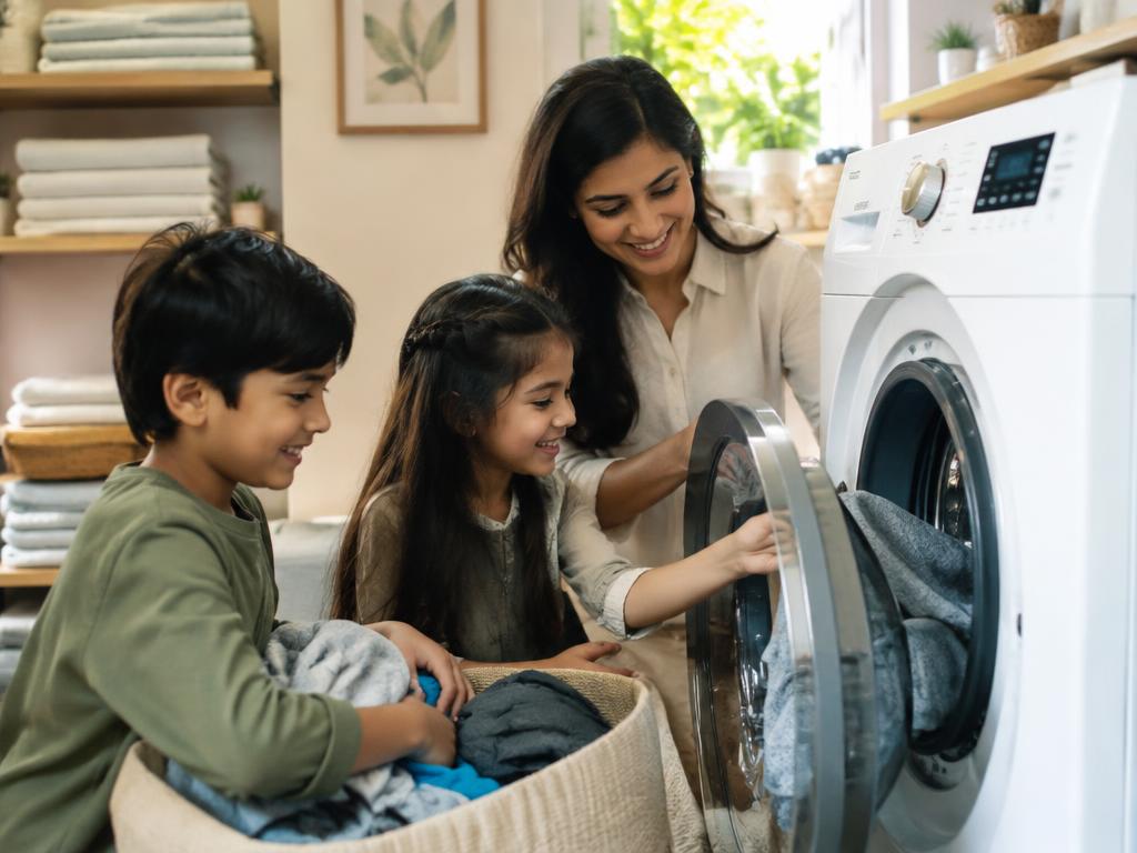 Mother and children loading a washing machine