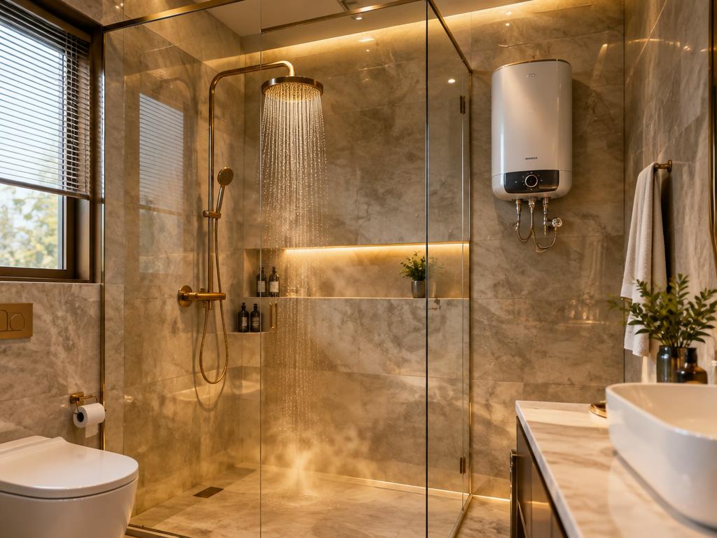 Luxury bathroom with rain shower and water heater